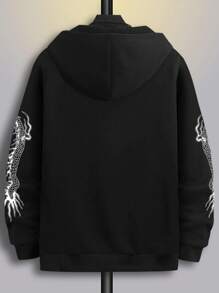 Manfinity LEGND Loose Fit Men's Dragon & Letter Graphic Drawstring Hooded Sweatshirt - Black - View 2
