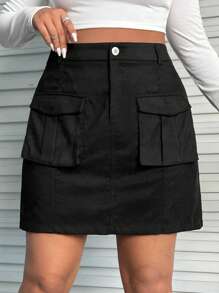 SHEIN EZwear Plus Flap Pocket Cargo Skirt - Black - View 1
