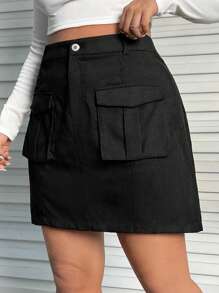 SHEIN EZwear Plus Flap Pocket Cargo Skirt - Black - View 3