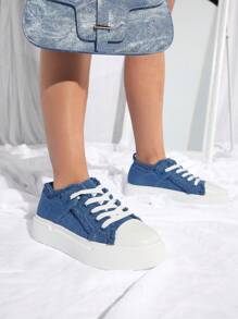 女性兩色綁帶前繡花板鞋，運動戶外運動鞋休閒鞋 - 藍色 - 查看 2