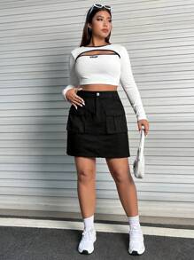 SHEIN EZwear Plus Flap Pocket Cargo Skirt - Black - View 5