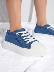 女性兩色綁帶前繡花板鞋，運動戶外運動鞋休閒鞋 - 藍色 - 查看 3