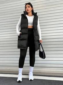 SHEIN EZwear Áo khoác có mũ trùm đầu có khóa kéo và dây rút ở eo - màu đen - Xem 5