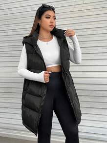 SHEIN EZwear Áo khoác có mũ trùm đầu có khóa kéo và dây rút ở eo - màu đen - Xem 6
