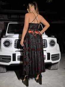 Flirla Plus Graphic Print Split Thigh Cami Dress - Brown - View 2