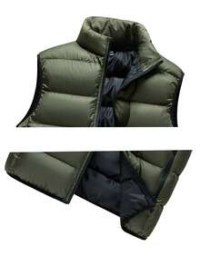 男士拉鏈開襟羽絨背心大衣 - 軍綠色 - 查看 3