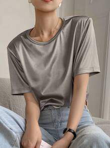 Dazy-Less 女士短袖 T 恤，适合派对和返校穿着 - 灰色 - 查看 4