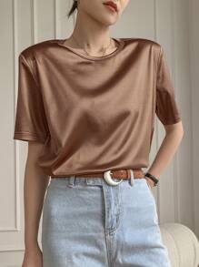 DAZY Camiseta de manga corta con decoración de lentejuelas para mujer para fiesta de graduación - Marrón - Ver 5