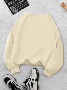 INAWLY 山與標語圖案加絨內裏運動衫 - 杏色 - 查看 2