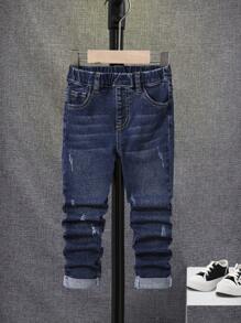 SHEIN Young Boy Ripped Frayed Cat Scratch Jeans - Dark Wash - View 1