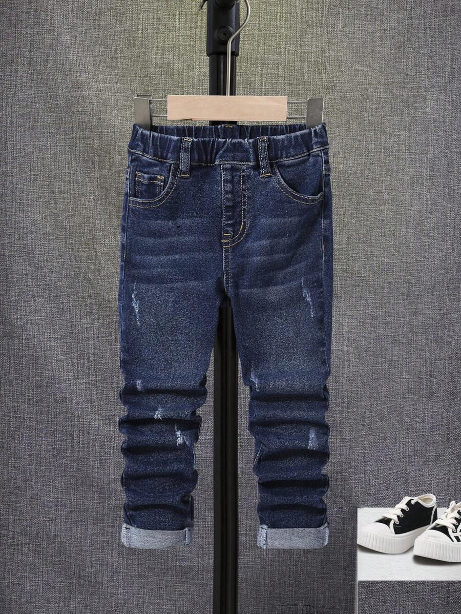 SHEIN Young Boy Ripped Frayed Cat Scratch Jeans - Dark Wash - View 1