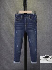 SHEIN Young Boy Ripped Frayed Cat Scratch Jeans - Dark Wash - View 3