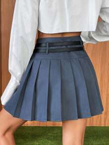SHEIN Qutie تنورة ذو تجاعيد موحدة اللون حزام