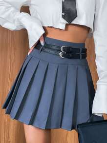 SHEIN Qutie تنورة ذو تجاعيد موحدة اللون حزام