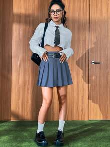 SHEIN Qutie تنورة ذو تجاعيد موحدة اللون حزام