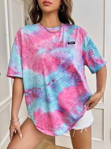 SHEIN EZwear Summer Outfits Tie Dye Letter Patched Detail Drop Shoulder Tee - Pink - View 6