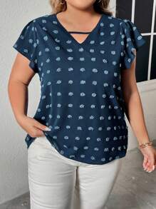Plus Swiss Dot Butterfly Sleeve Blouse - Blue - View 1