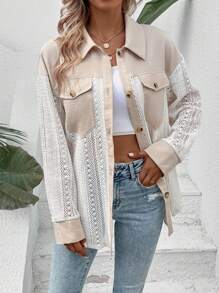 SHEIN LUNE 雙色落肩袖翻蓋口袋襯衫 - 杏色 - 查看 1