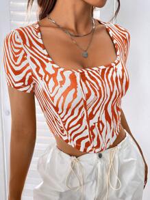 SHEIN Muchic Zebra Striped Print Square Neck Crop Tee - Orange - View 1