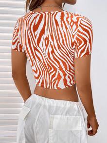 SHEIN Muchic Zebra Striped Print Square Neck Crop Tee - Orange - View 2