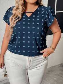 Plus Swiss Dot Butterfly Sleeve Blouse - Blue - View 3