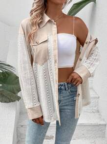 SHEIN LUNE 雙色落肩袖翻蓋口袋襯衫 - 杏色 - 查看 3