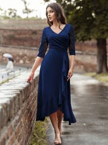 MIUSOL Vestido de fiesta largo de noche con cuello en V, encaje floral y volantes