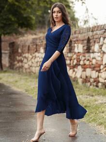 MIUSOL Vestido de fiesta largo de noche con cuello en V, encaje floral y volantes