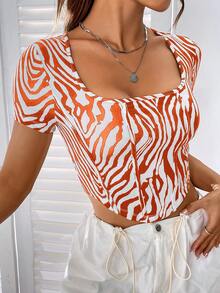 SHEIN Muchic Zebra Striped Print Square Neck Crop Tee - Orange - View 7