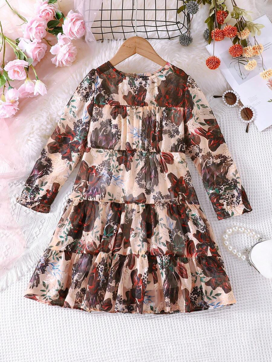 Tween Girl Floral Print Ruffle Hem Smock Dress