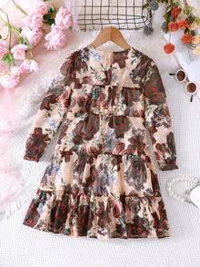 Tween Girl Floral Print Ruffle Hem Smock Dress