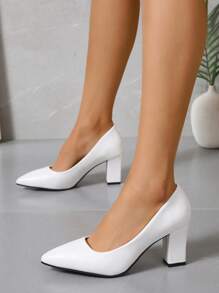 Pantofi cu toc înalt eleganți, albi, cu vârf ascuțit, pentru femei, cu toc gros, albi și eleganți, de culoare solidă, eleganți - alb - Vizualizare 2