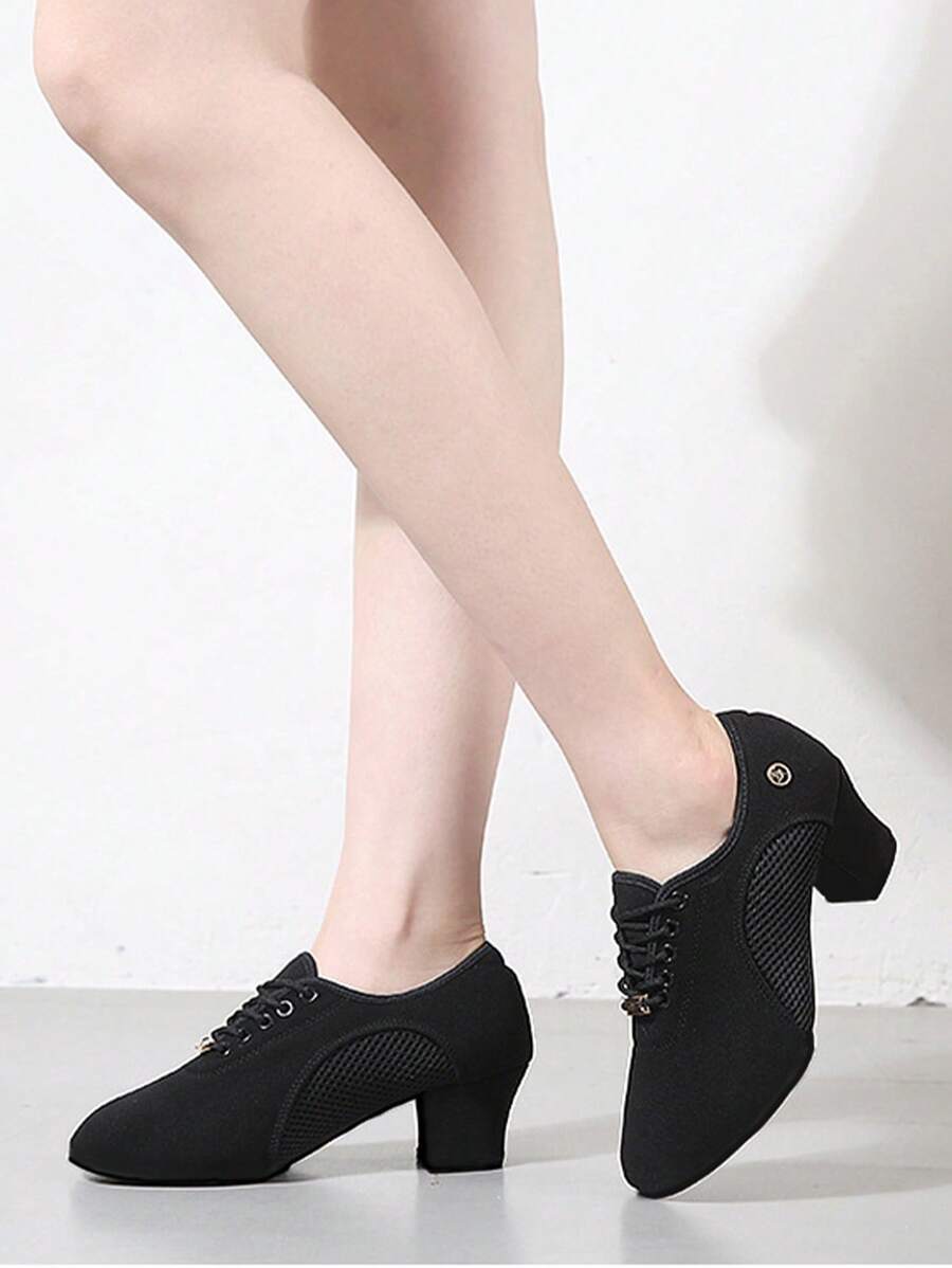 女性牛津舞鞋帶粗跟和簡約風前繫帶設計適用於室內跳舞 - 黑色 - 查看 1