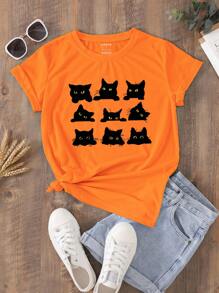 SHEIN LUNE Camiseta con estampado de gato - Naranja - Ver 1