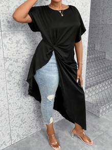 Celure 大碼前扭結蝙蝠袖不對稱下擺襯衫 - 黑色 - 查看 1