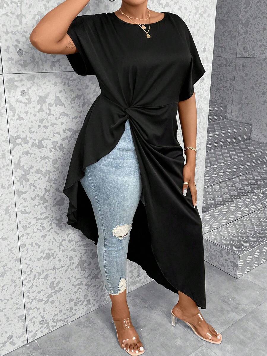 Celure 大碼前扭結蝙蝠袖不對稱下擺襯衫 - 黑色 - 查看 1