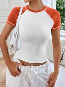 SHEIN EZwear 撞色插肩袖短款T恤 - 亮橙色 - 查看 3