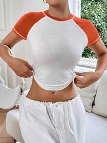 SHEIN EZwear 撞色插肩袖短款T恤 - 亮橙色 - 查看 6