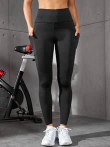 高腰彈力側邊手機口袋跑步競技鍛煉運動七分緊身打底褲 - 黑色 - 查看 5