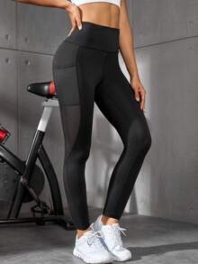 高腰彈力側邊手機口袋跑步競技鍛煉運動七分緊身打底褲 - 黑色 - 查看 6