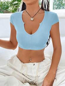 SHEIN EZwear 缺口領短款上衣 - 淺藍色 - 查看 5
