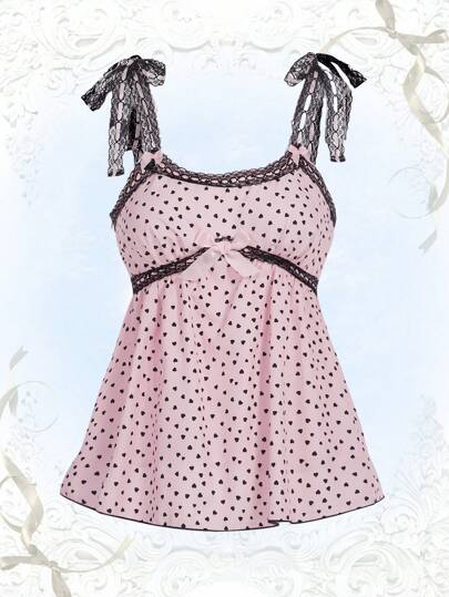 ROMWE Kawaii Heart Print Tie Strap Babydoll Cami Top, School
