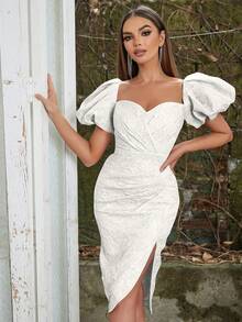 Sweetheart Neck Puff Sleeve Split Thigh Dress - White - View 5