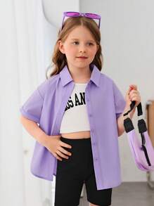 SHEIN 休閒春夏少女標語&印花落肩襯衫 - 紫丁香色 - 查看 2