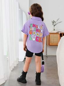 SHEIN 休閒春夏少女標語&印花落肩襯衫 - 紫丁香色 - 查看 3