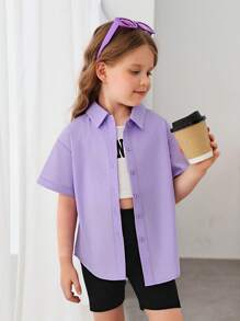 SHEIN 休閒春夏少女標語&印花落肩襯衫 - 紫丁香色 - 查看 5