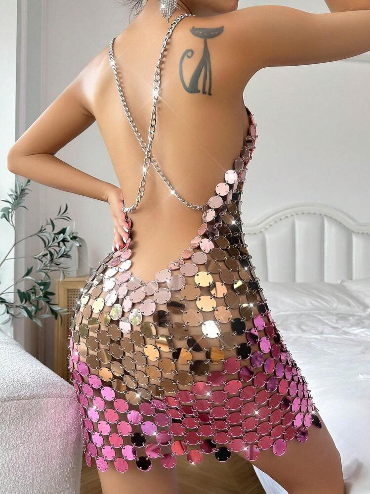 SHEIN Unity Vestido mini glamoroso de mujer con tirantes finos, ajustado y con lentejuelas de color contrastante - Multicolor - Ver 2