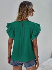 SHEIN LUNE Chất rắn Ren tương phản áo tay bướm Áo sơ mi - Màu xanh lá cây đậm - Xem 2