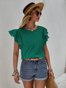 SHEIN LUNE Chất rắn Ren tương phản áo tay bướm Áo sơ mi - Màu xanh lá cây đậm - Xem 3