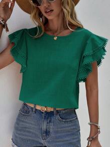 SHEIN LUNE Chất rắn Ren tương phản áo tay bướm Áo sơ mi - Màu xanh lá cây đậm - Xem 4